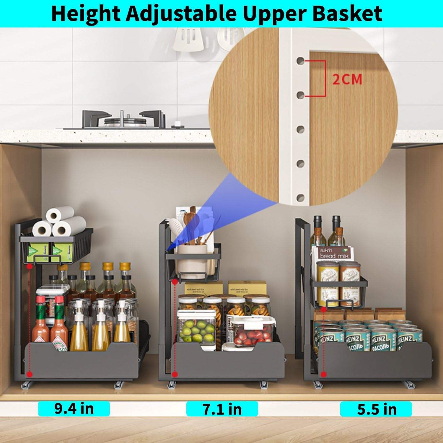 Premium Double Pull-Out Cabinet Organizer – Removable Metal Storage System for Kitchen, Pantry & Office