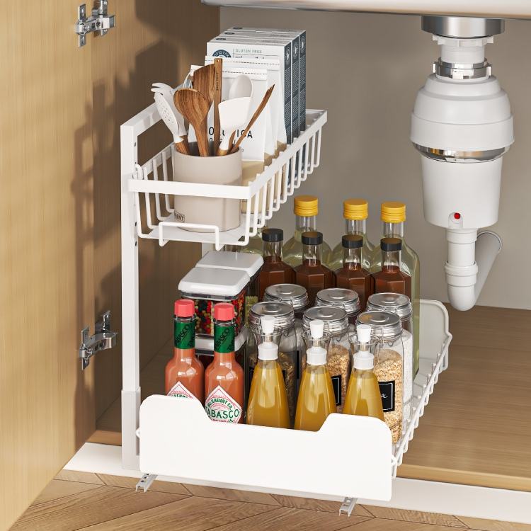 Premium Double Pull-Out Cabinet Organizer – Removable Metal Storage System for Kitchen, Pantry & Office